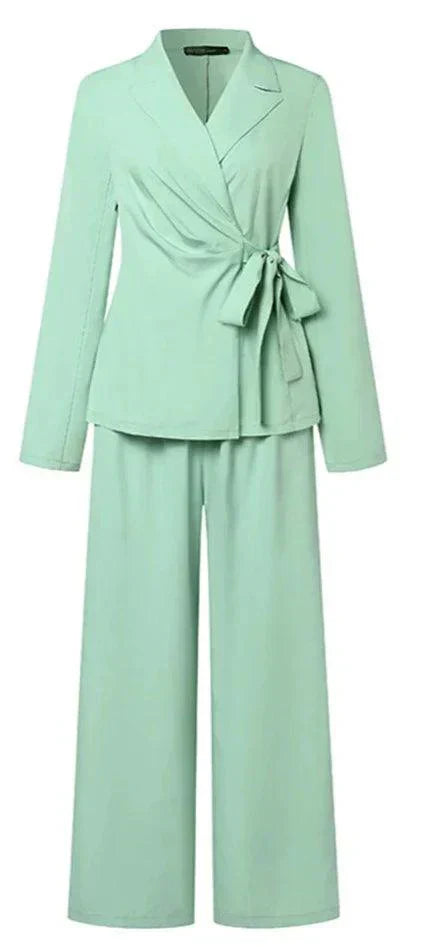 Valenzora | Elegant lapel collar blazer wide trouser suit for professionals