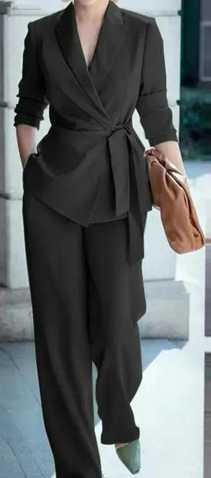 Valenzora | Elegant lapel collar blazer wide trouser suit for professionals
