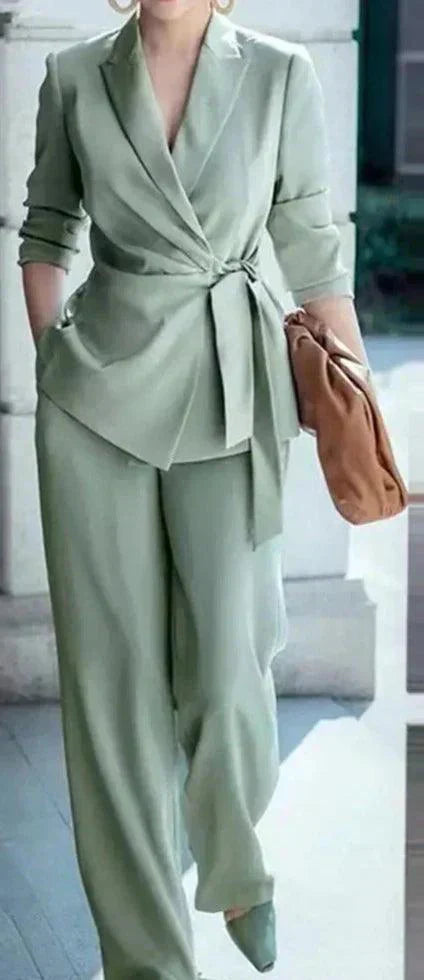 Valenzora | Elegant lapel collar blazer wide trouser suit for professionals