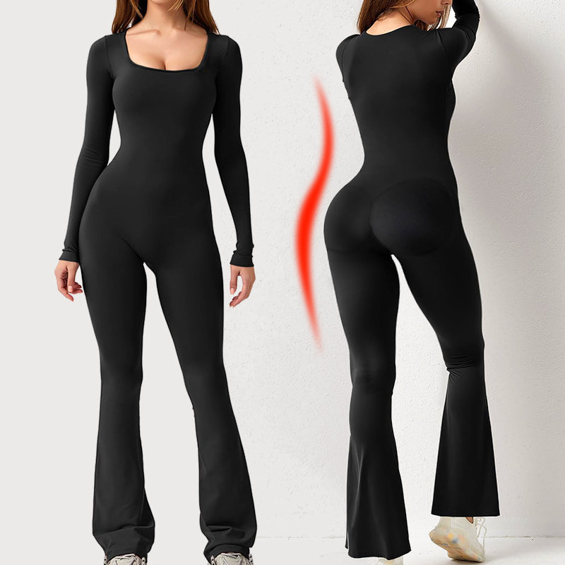Amari - Long-sleeved women's jumpsuit with square neckline and wide leg