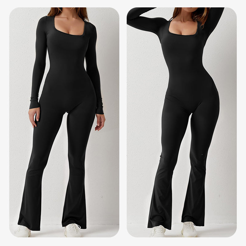 Amari - Long-sleeved women's jumpsuit with square neckline and wide leg