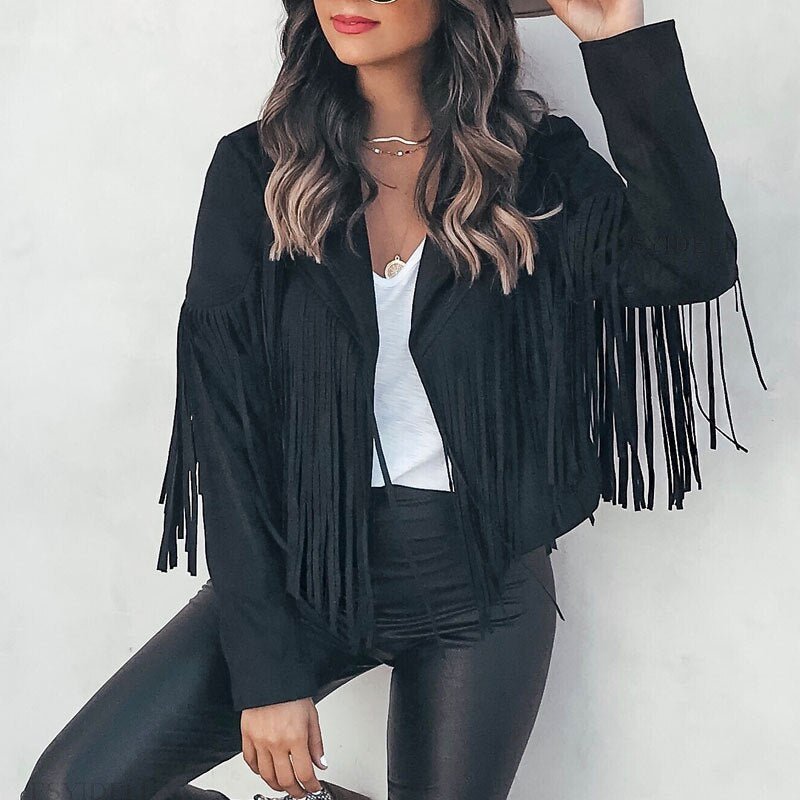 Suede jacket for women with tassel trim