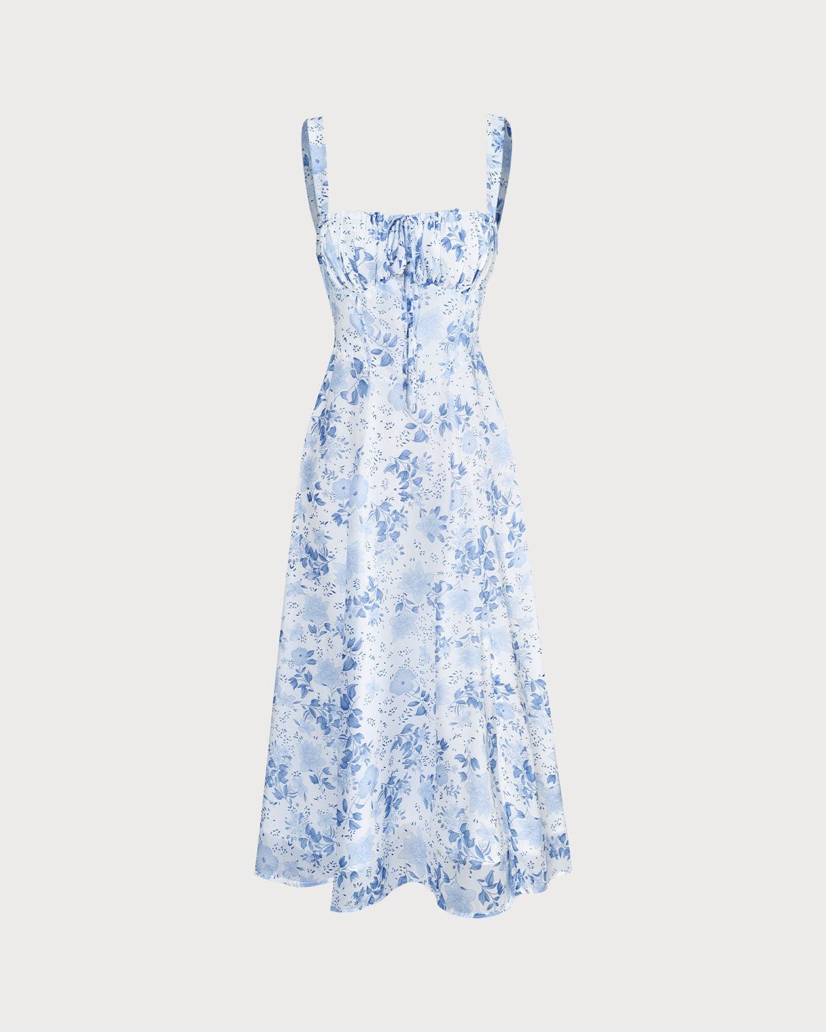 Blaues Midikleid mit Blumenmuster und eckigem Ausschnitt