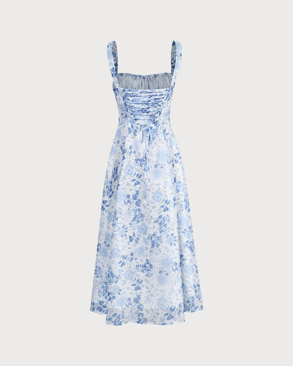 Blaues Midikleid mit Blumenmuster und eckigem Ausschnitt