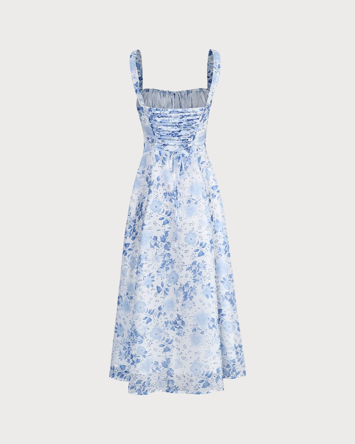 Blaues Midikleid mit Blumenmuster und eckigem Ausschnitt