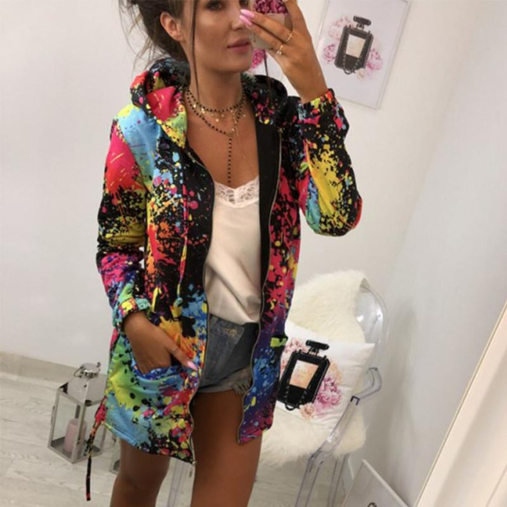 Valenzora | Dünne, mehrfarbige Kapuzenjacke mit Reißverschluss und Taschen, Long-Jacke