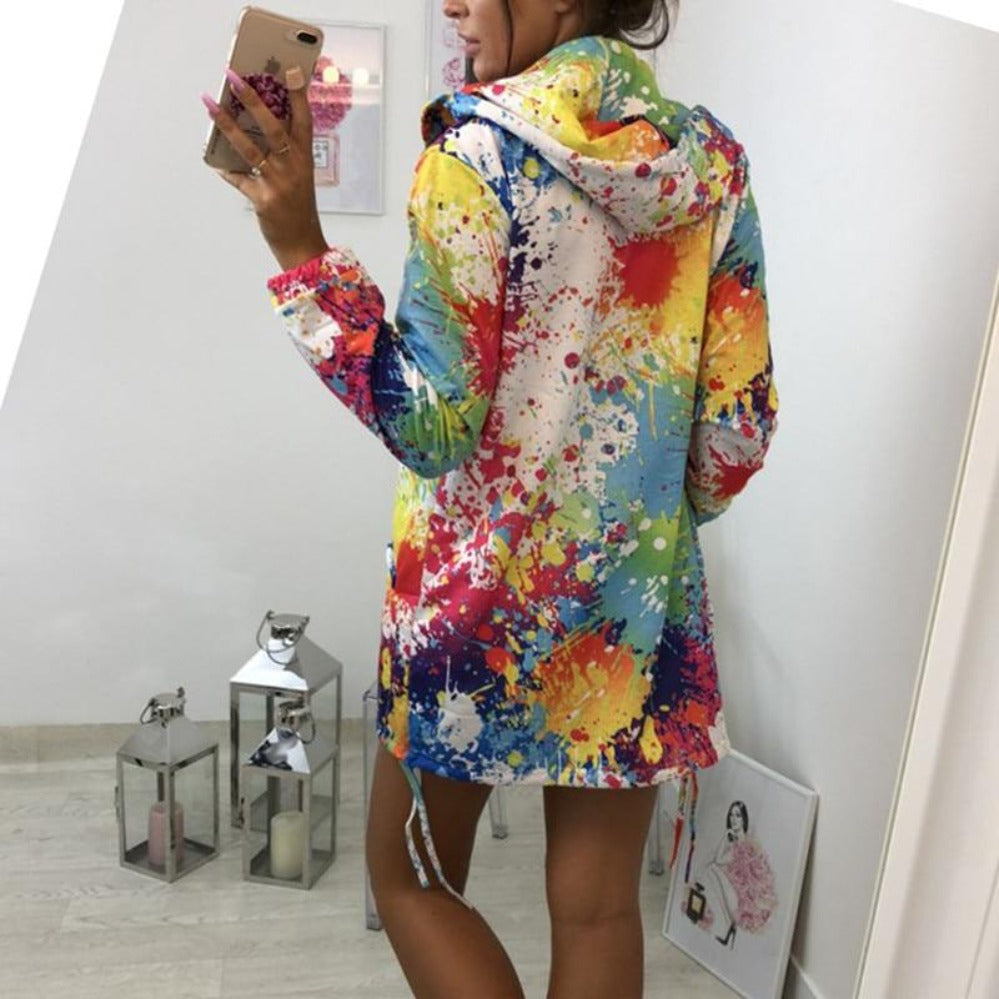 Valenzora | Dünne, mehrfarbige Kapuzenjacke mit Reißverschluss und Taschen, Long-Jacke