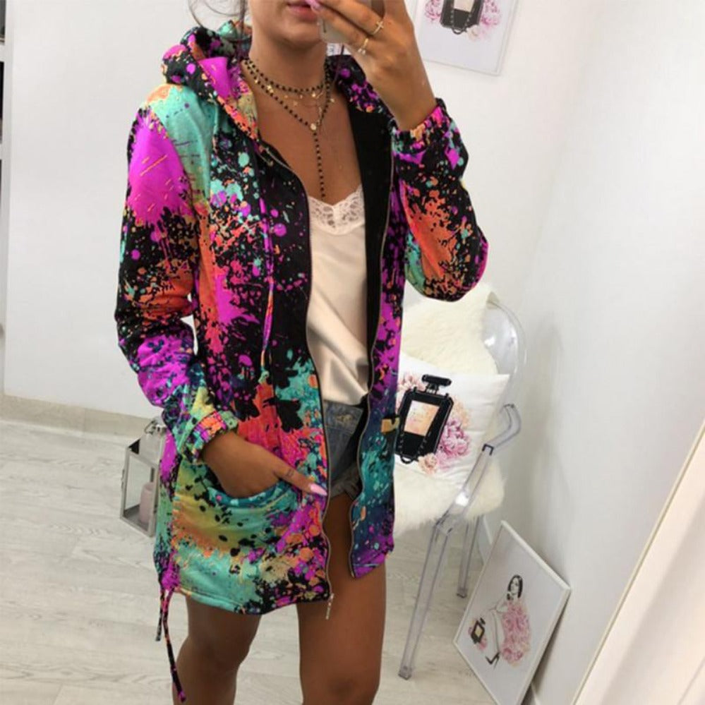 Valenzora | Dünne, mehrfarbige Kapuzenjacke mit Reißverschluss und Taschen, Long-Jacke