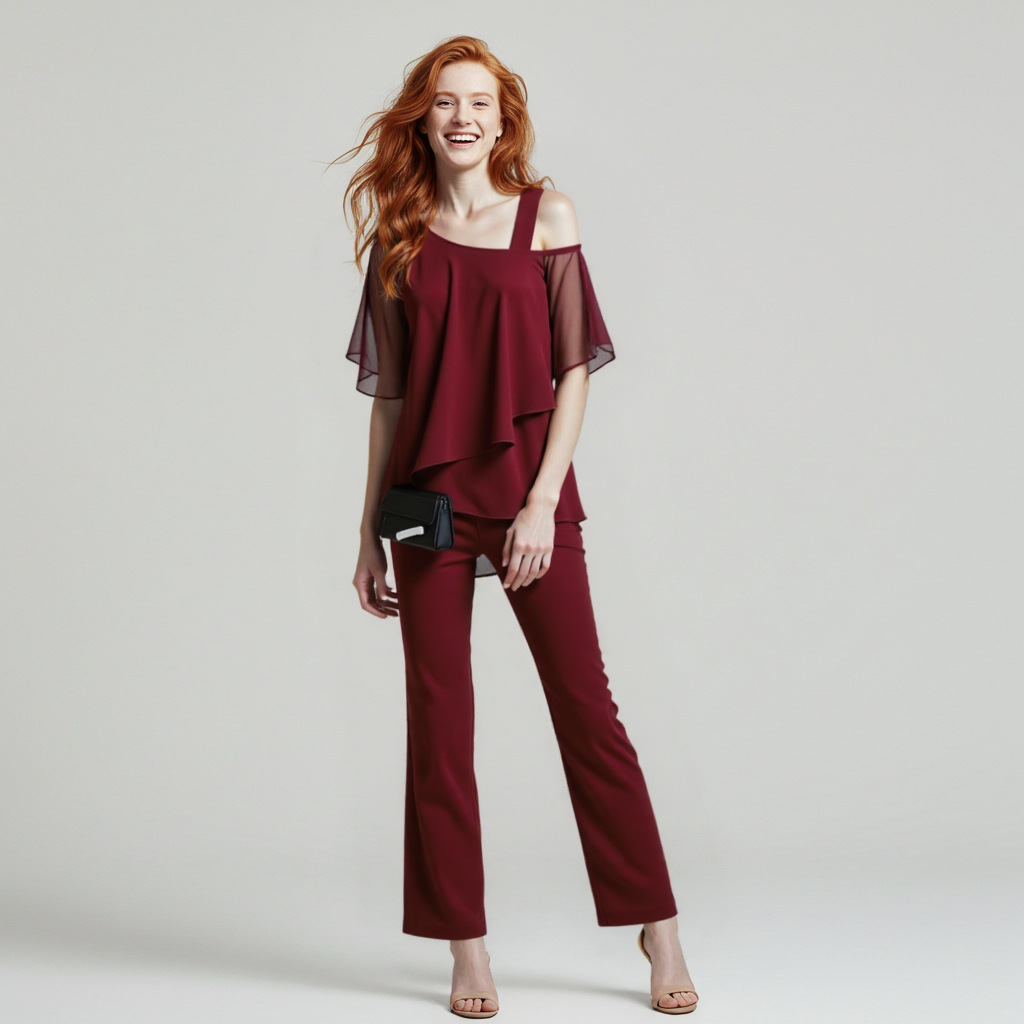 Valenzora Women's Two-Piece Set | Elegant Jumpsuit with Cold Shoulder Blouse