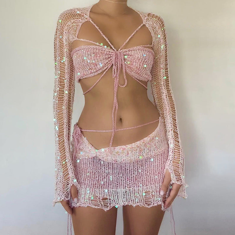 Valenzora Two-piece long-sleeved sequined knit top with neckline and bodycon skirt