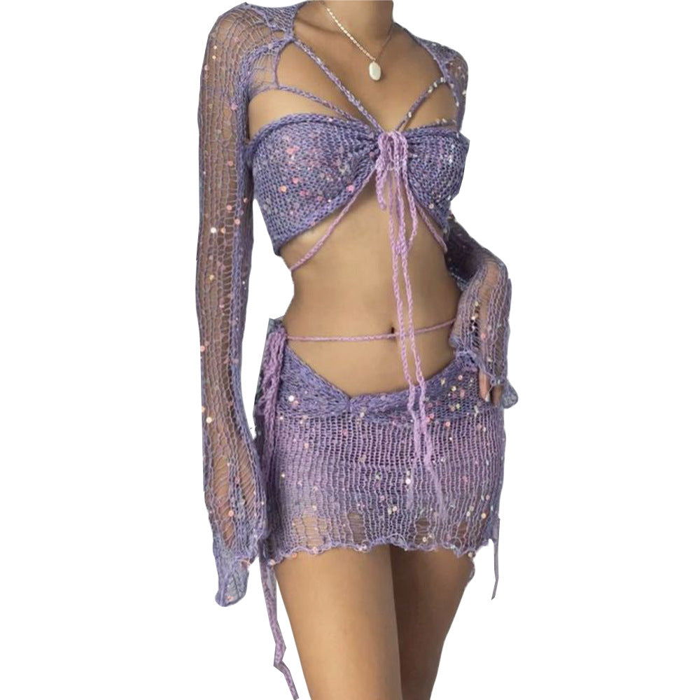Valenzora Two-piece long-sleeved sequined knit top with neckline and bodycon skirt
