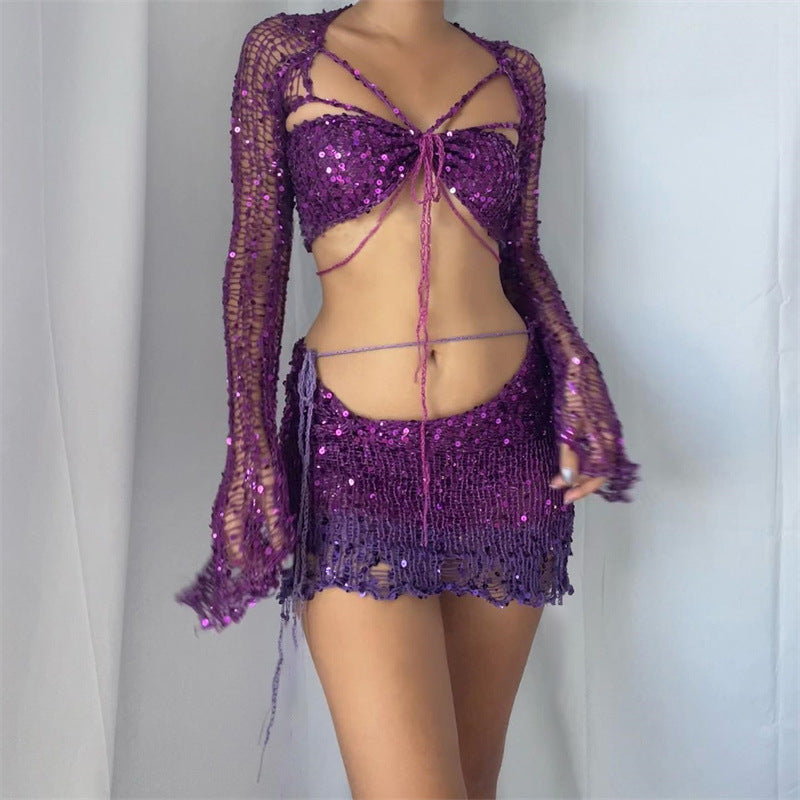 Valenzora Two-piece long-sleeved sequined knit top with neckline and bodycon skirt