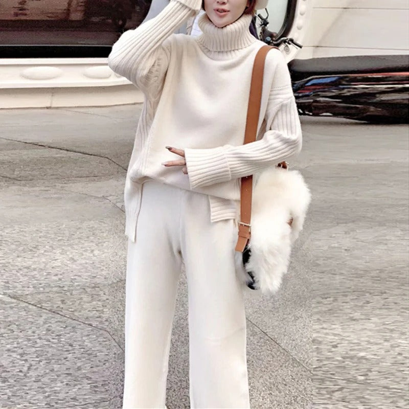 Valenzora Loungewear Set | Luxuriöser, warmer Rollkragenpullover mit passender Oversize-Wollhose