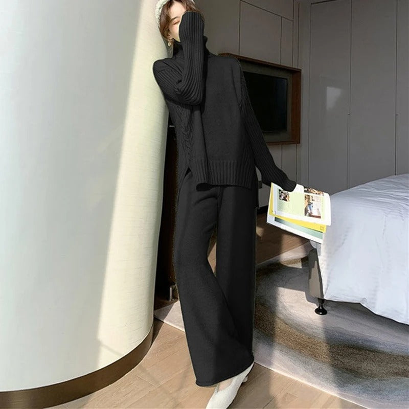 Valenzora Loungewear Set | Luxurious, warm turtleneck sweater with matching oversized wool trousers