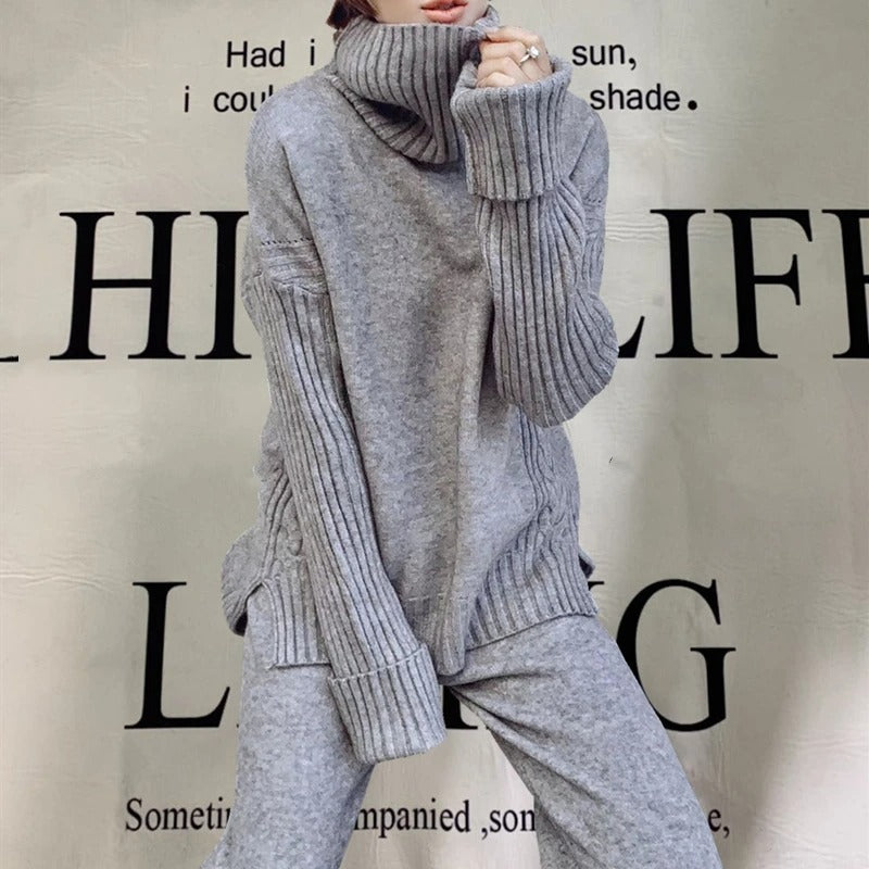 Valenzora Loungewear Set | Luxuriöser, warmer Rollkragenpullover mit passender Oversize-Wollhose