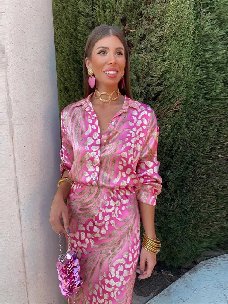 Valenzora | Satin Printed Midi Dress with Long Sleeves for Women