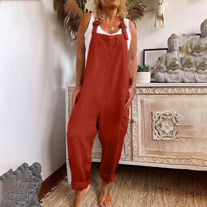 Valenzora | Damen-Overall mit weitem Bein, verstellbarer Schnalle, Baumwolle und Leinen, Taschenoverall