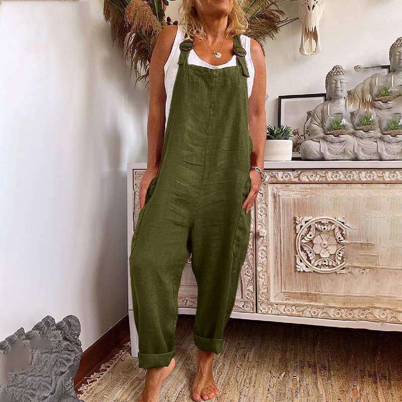 Valenzora | Damen-Overall mit weitem Bein, verstellbarer Schnalle, Baumwolle und Leinen, Taschenoverall
