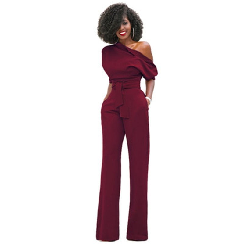 Valenzora | Off-the-shoulder, elegant jumpsuit with belt for women