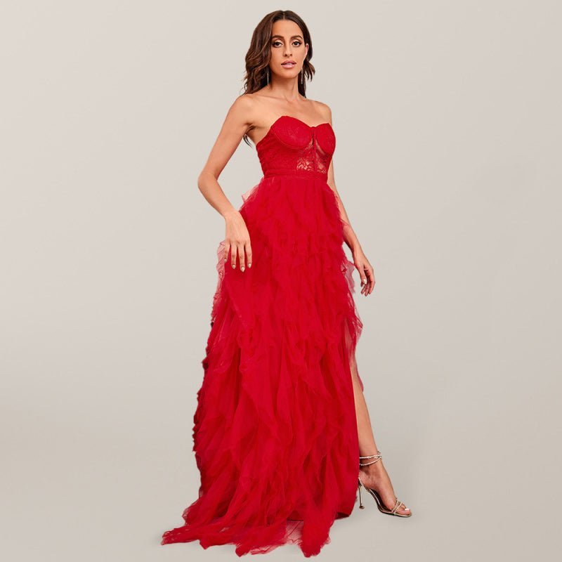 Valenzora | Women's Spring Summer New Plus Size Lace Mesh Tube Top Sexy Dress