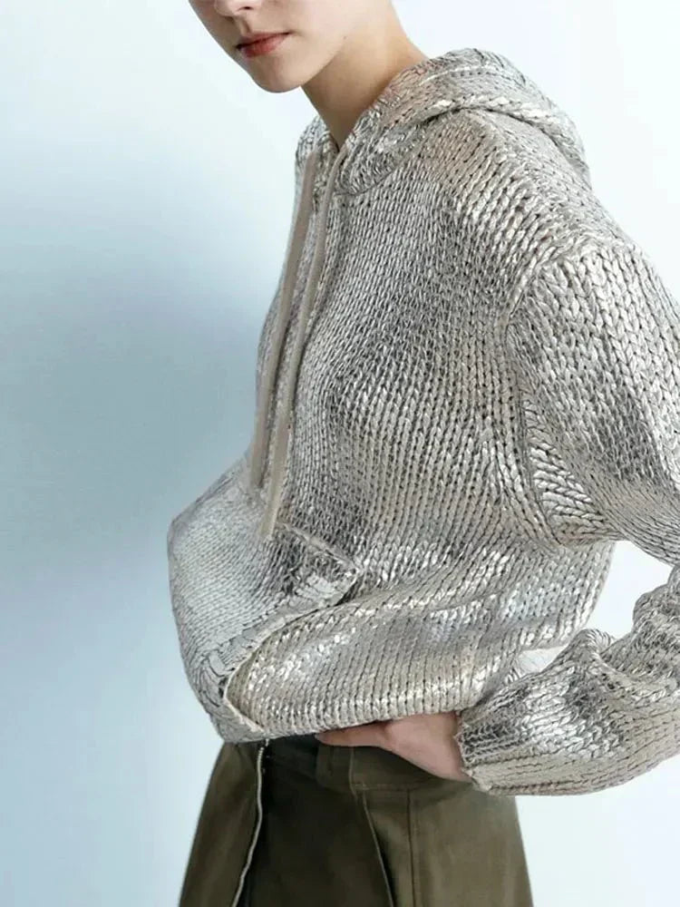 Valenzora | Chic women's hoodie with metallic rib trim and foil