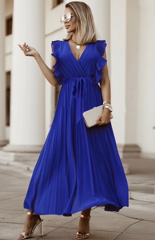 Valenzora | Damen Strand Sexy Lotusblatt-Ärmel Chiffon Plissierter Rock Einfarbiges Kleid