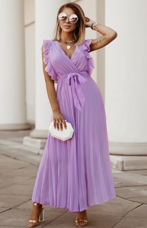 Valenzora | Damen Strand Sexy Lotusblatt-Ärmel Chiffon Plissierter Rock Einfarbiges Kleid
