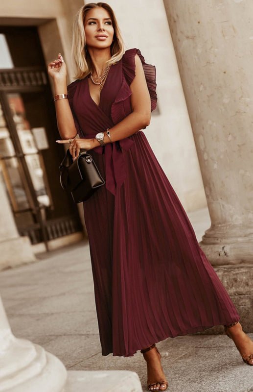 Valenzora | Damen Strand Sexy Lotusblatt-Ärmel Chiffon Plissierter Rock Einfarbiges Kleid