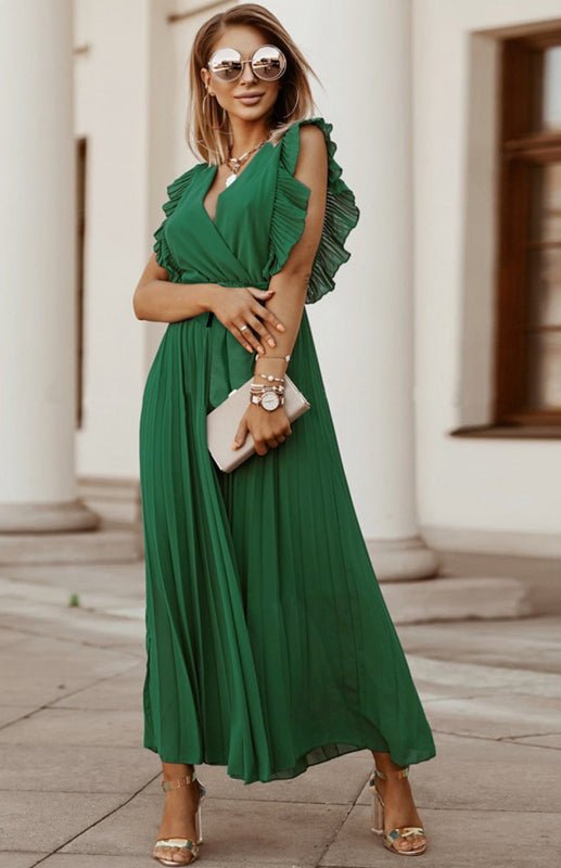 Valenzora | Damen Strand Sexy Lotusblatt-Ärmel Chiffon Plissierter Rock Einfarbiges Kleid