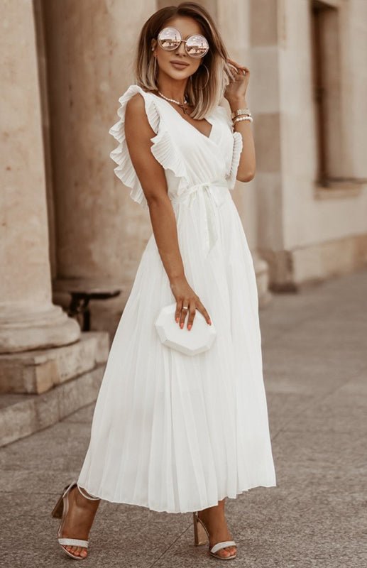 Valenzora | Damen Strand Sexy Lotusblatt-Ärmel Chiffon Plissierter Rock Einfarbiges Kleid