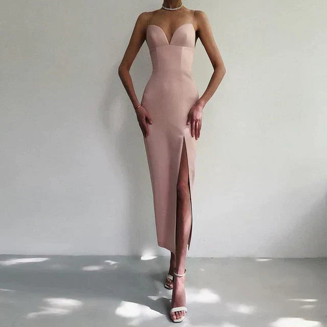 Valenzora | Midi dress with V-neck and spaghetti straps