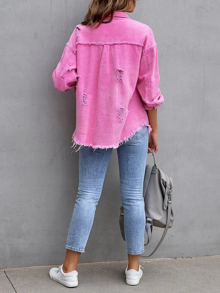 Valenzora | Women's Mid-Length Tattered Loose Denim Jacket