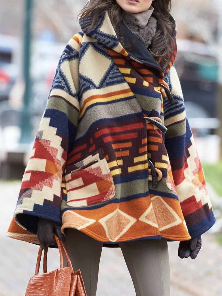 Valenzora | Women's Coats Multicolored Printed Long-Sleeved Wool Hooded Coats