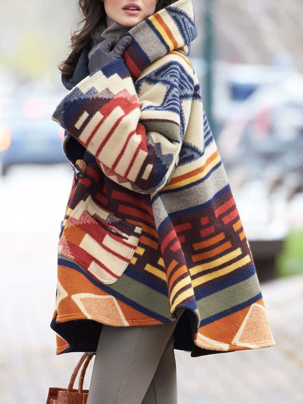 Valenzora | Women's Coats Multicolored Printed Long-Sleeved Wool Hooded Coats