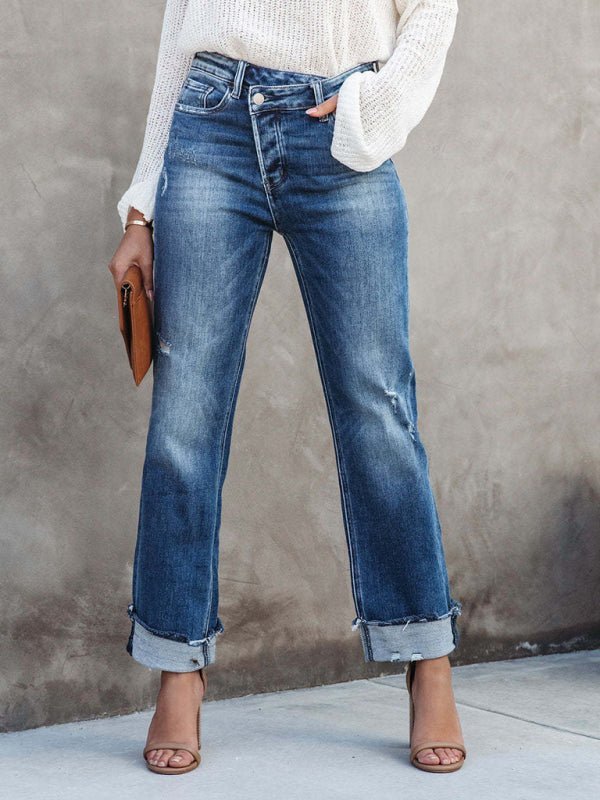 Valenzora | Women's Washed Denim High Waist Fashionable Casual Design Drawstring Waist Trousers