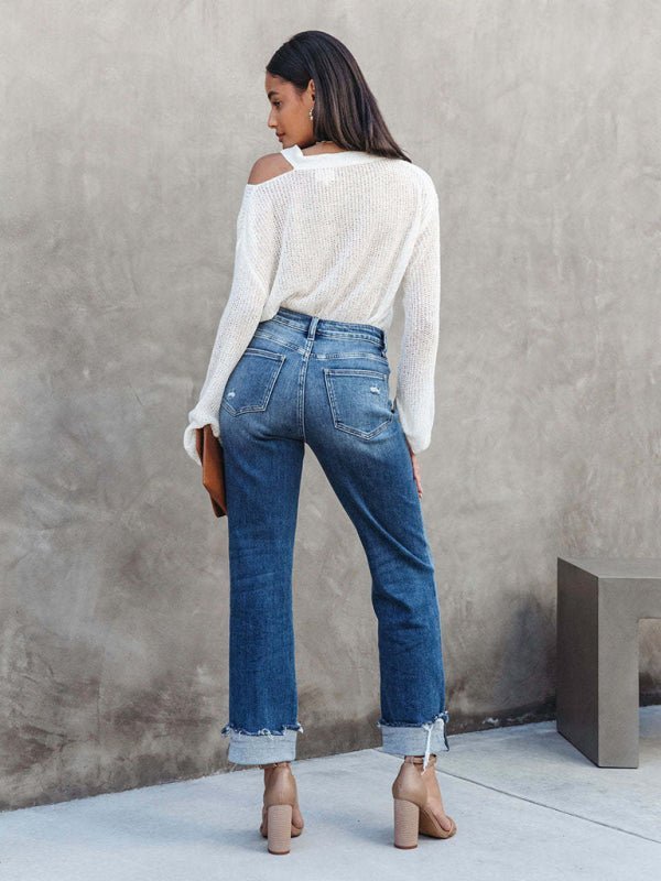 Valenzora | Women's Washed Denim High Waist Fashionable Casual Design Drawstring Waist Trousers