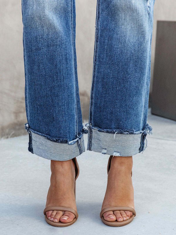 Valenzora | Women's Washed Denim High Waist Fashionable Casual Design Drawstring Waist Trousers