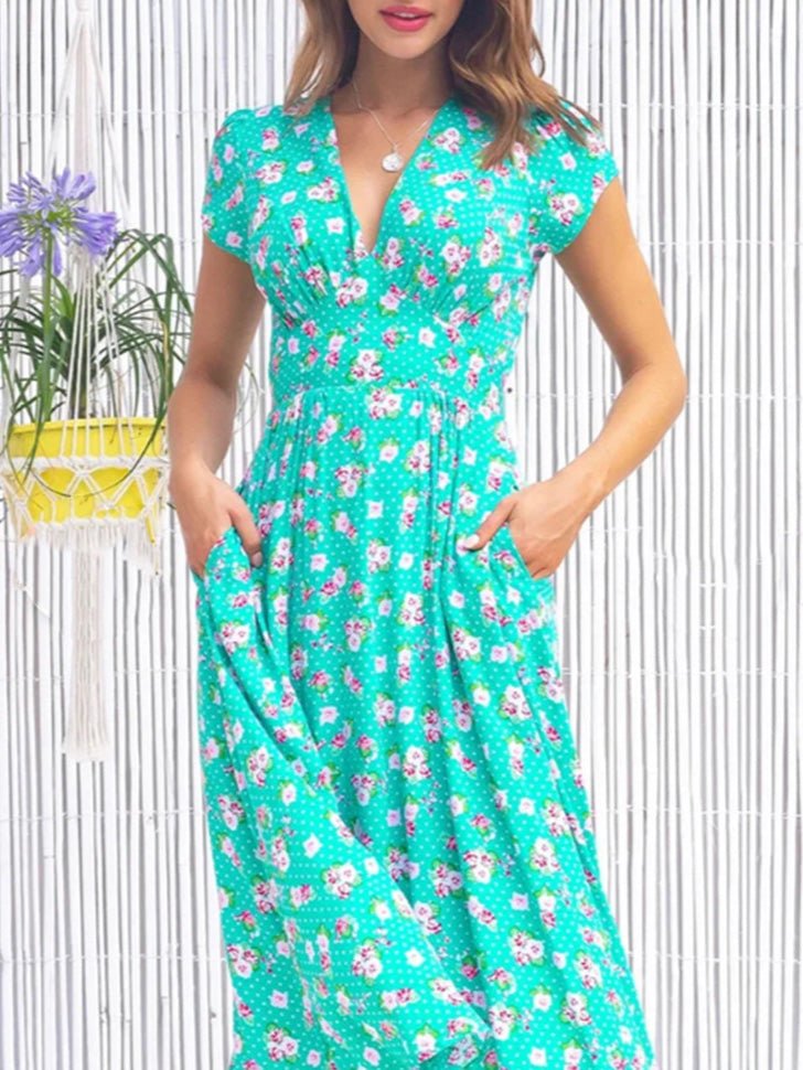 Valenzora | Damen Bohemian V-Ausschnitt Kleid mit Taschen und Print