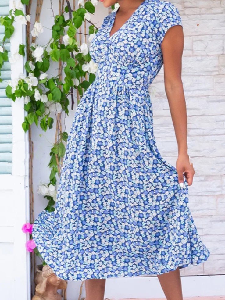 Valenzora | Damen Bohemian V-Ausschnitt Kleid mit Taschen und Print