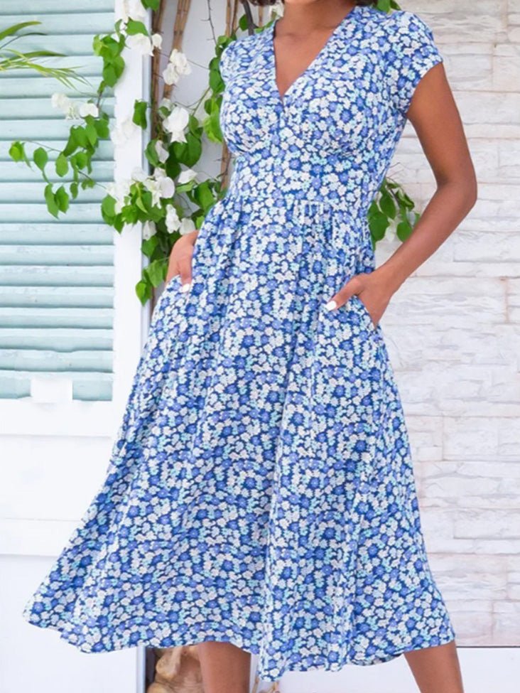 Valenzora | Damen Bohemian V-Ausschnitt Kleid mit Taschen und Print