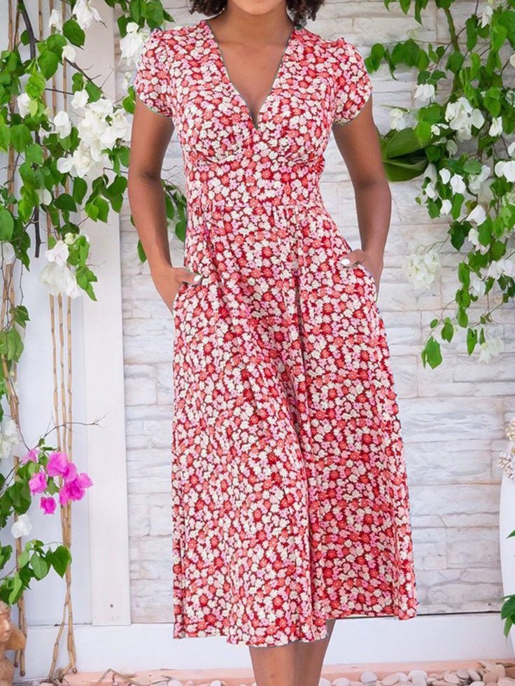 Valenzora | Damen Bohemian V-Ausschnitt Kleid mit Taschen und Print