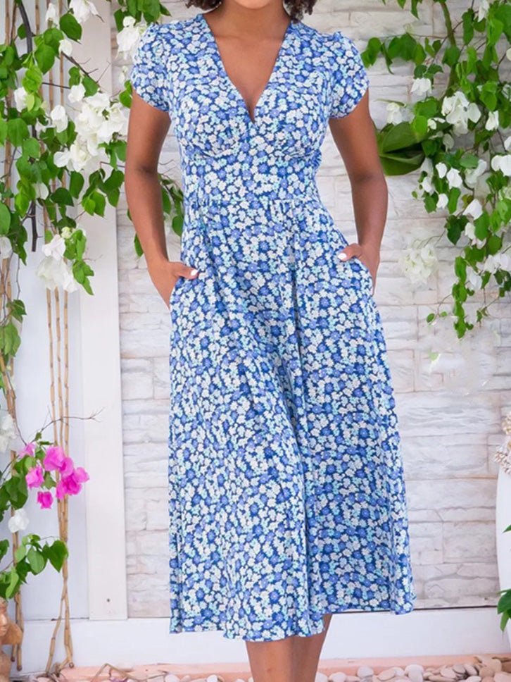Valenzora | Damen Bohemian V-Ausschnitt Kleid mit Taschen und Print