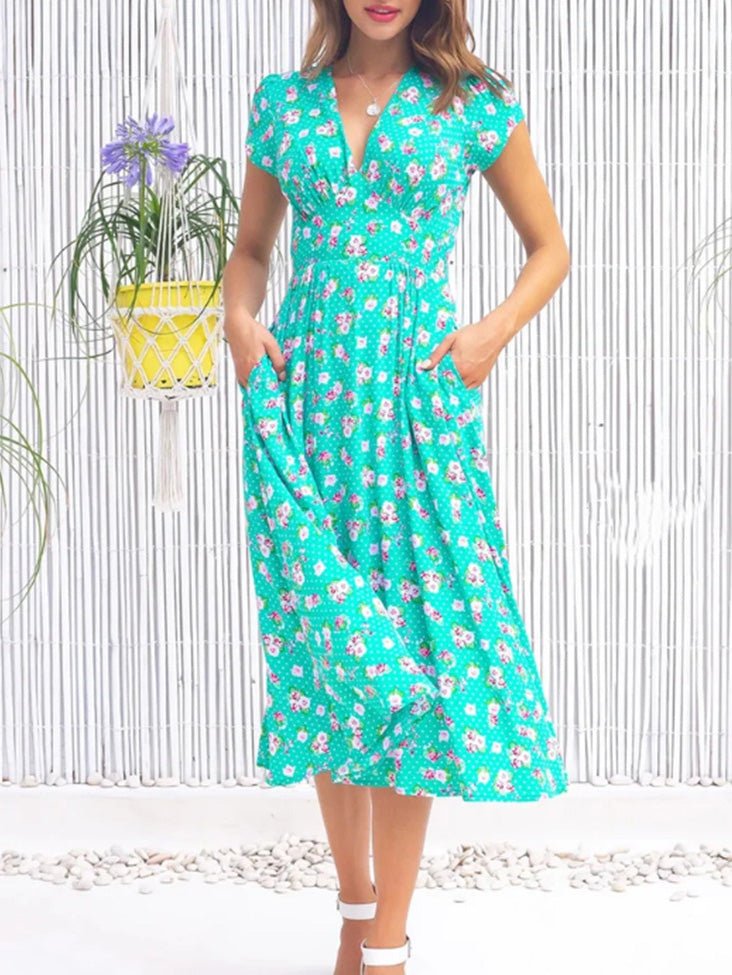 Valenzora | Damen Bohemian V-Ausschnitt Kleid mit Taschen und Print