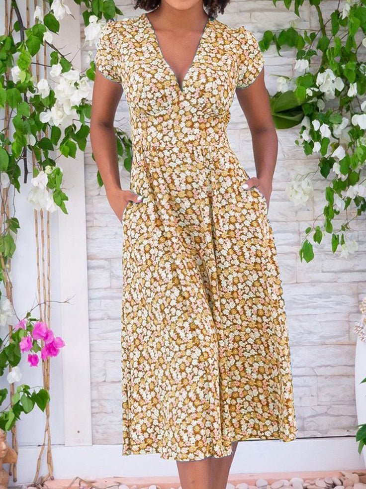 Valenzora | Damen Bohemian V-Ausschnitt Kleid mit Taschen und Print