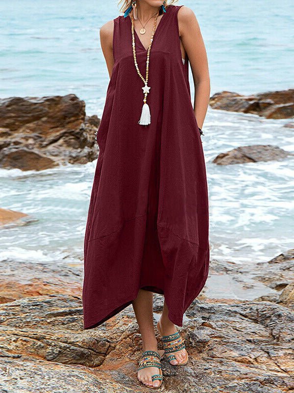 Valenzora | Women's Casual V-Neck Sleeveless Dress with Pockets