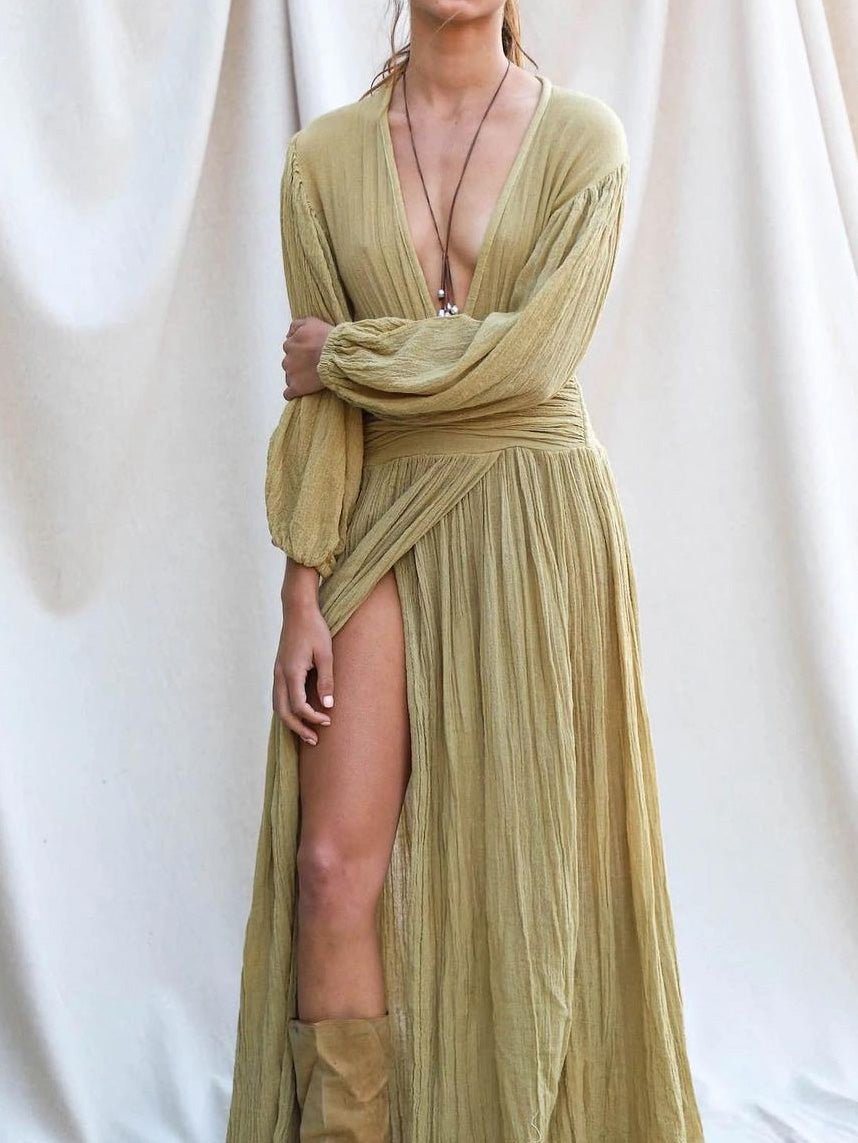 Valenzora | Damen Kleider Baumwolle Leinen V-Ausschnitt Ballonärmel Schlitzkleid