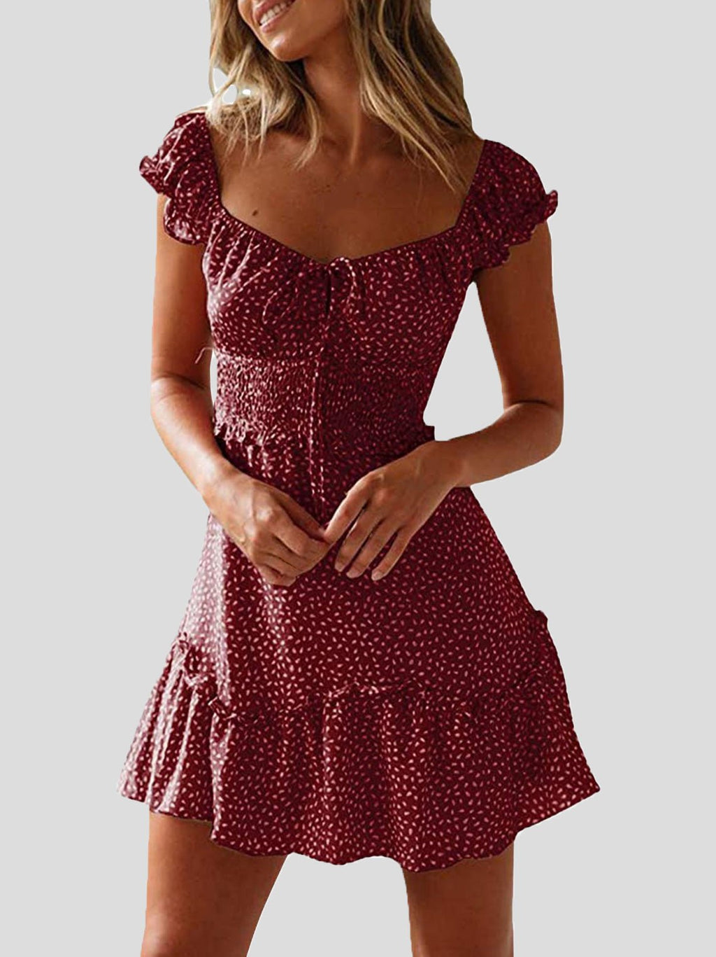 Valenzora | Damen geblümtes U-Ausschnitt Knoten-Rüschenkleid