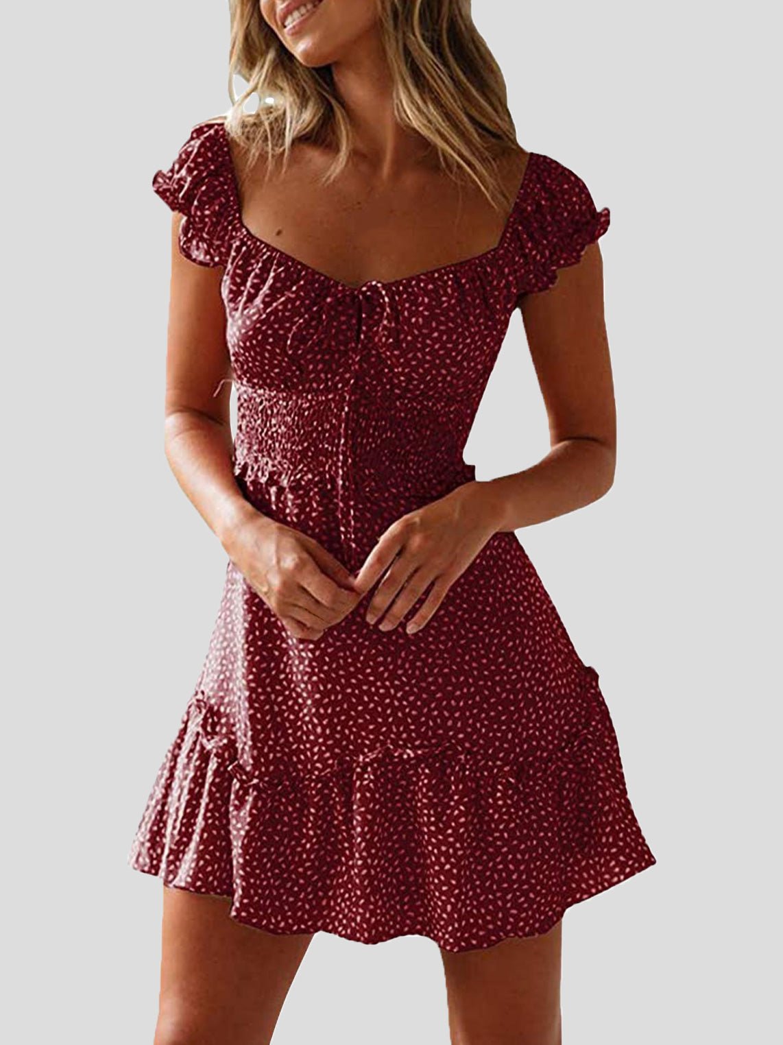 Valenzora | Damen geblümtes U-Ausschnitt Knoten-Rüschenkleid