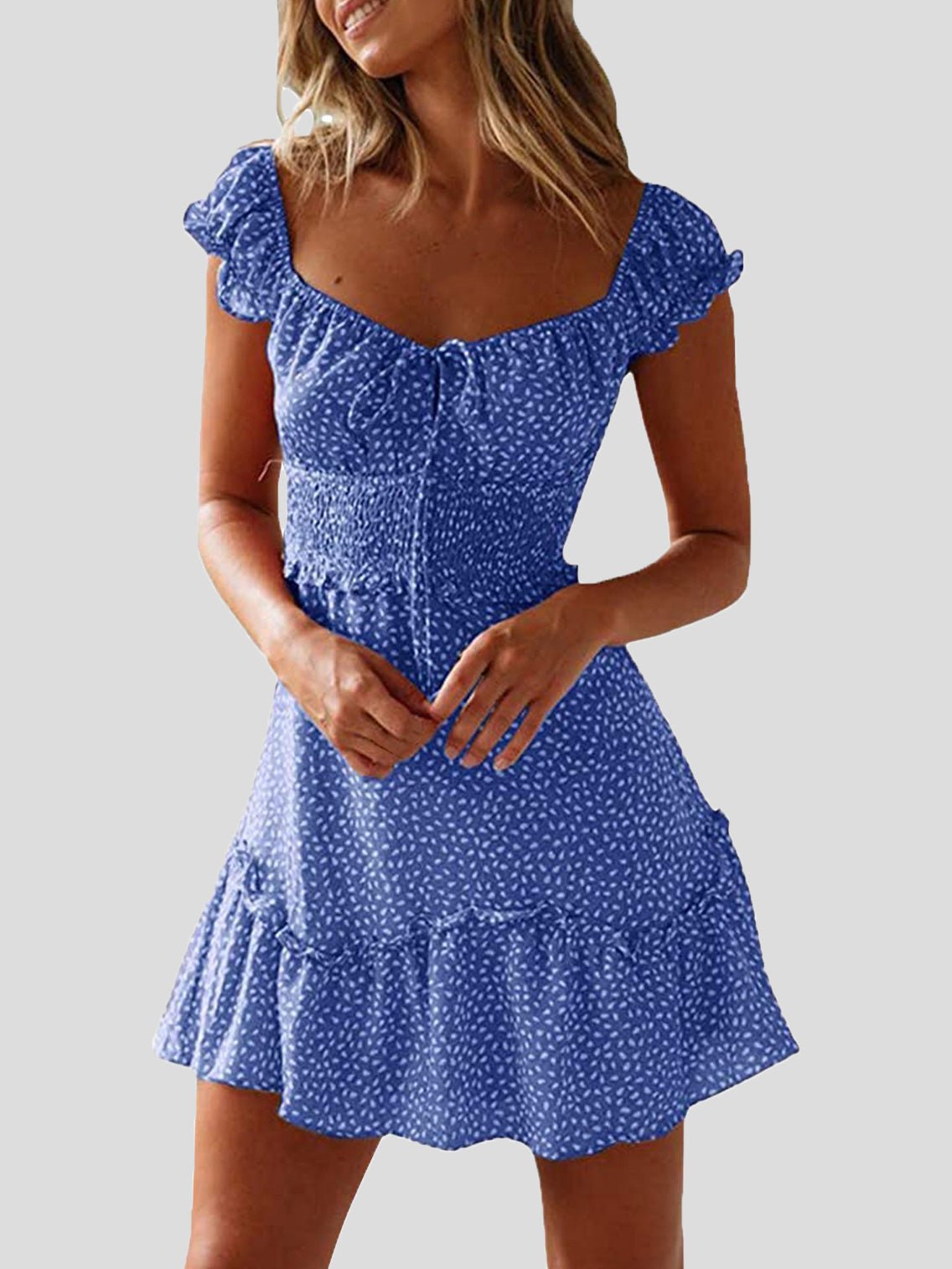 Valenzora | Damen geblümtes U-Ausschnitt Knoten-Rüschenkleid