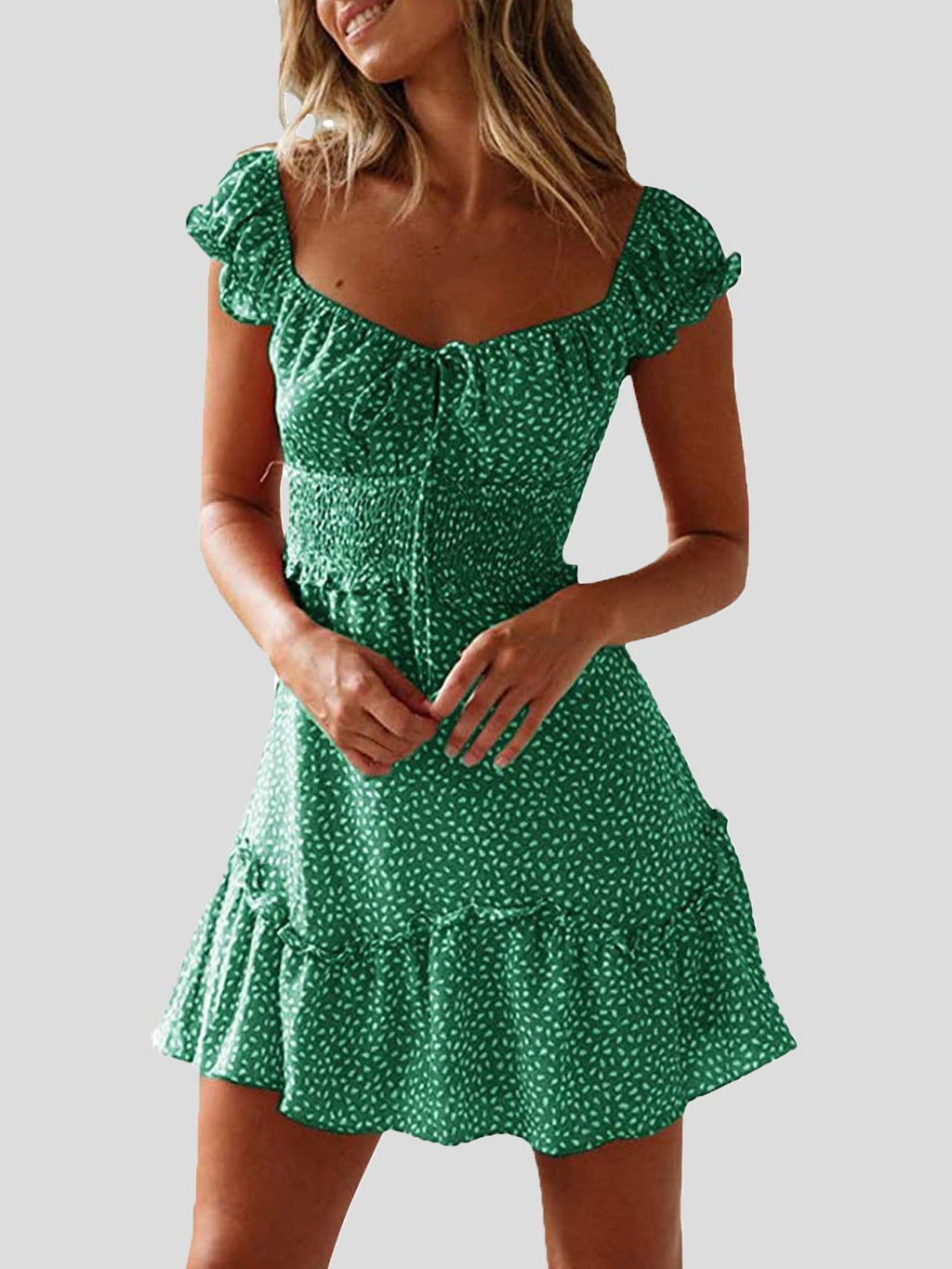 Valenzora | Damen geblümtes U-Ausschnitt Knoten-Rüschenkleid